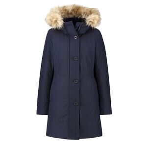UNIQLO Ultra Warm 80% Down Coat Sz Small Navy Slim Line Hooded Mid Length